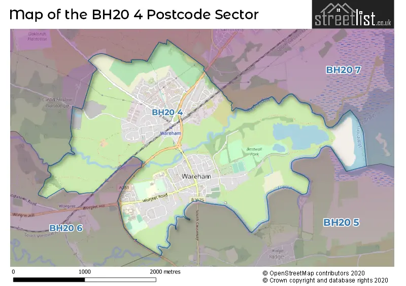 Map of the BH20 4 and surrounding postcode sector