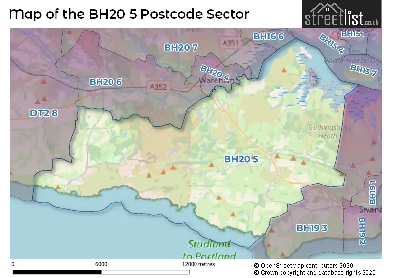 Map of the BH20 5 and surrounding postcode sector