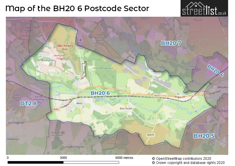 Map of the BH20 6 and surrounding postcode sector