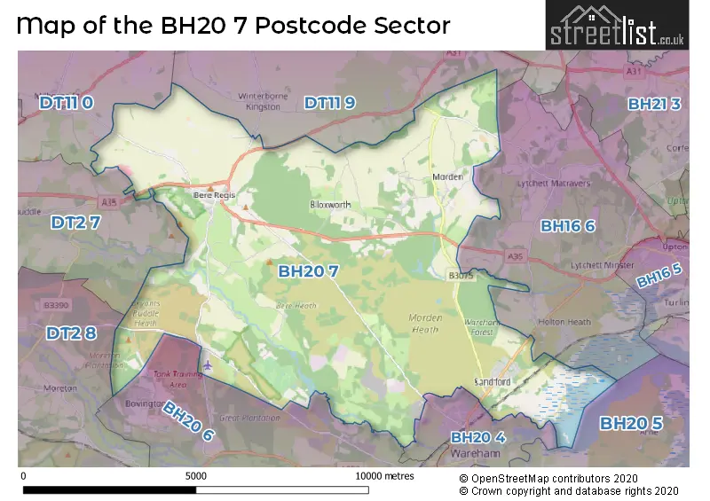Map of the BH20 7 and surrounding postcode sector