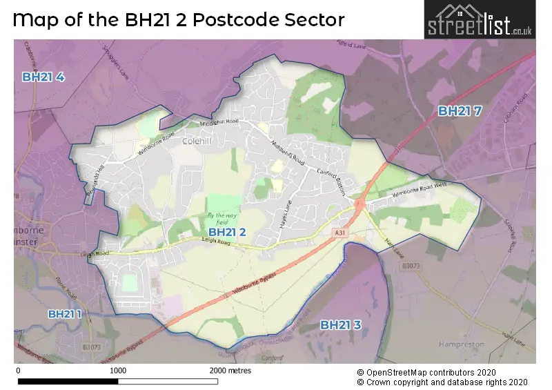 Map of the BH21 2 and surrounding postcode sector