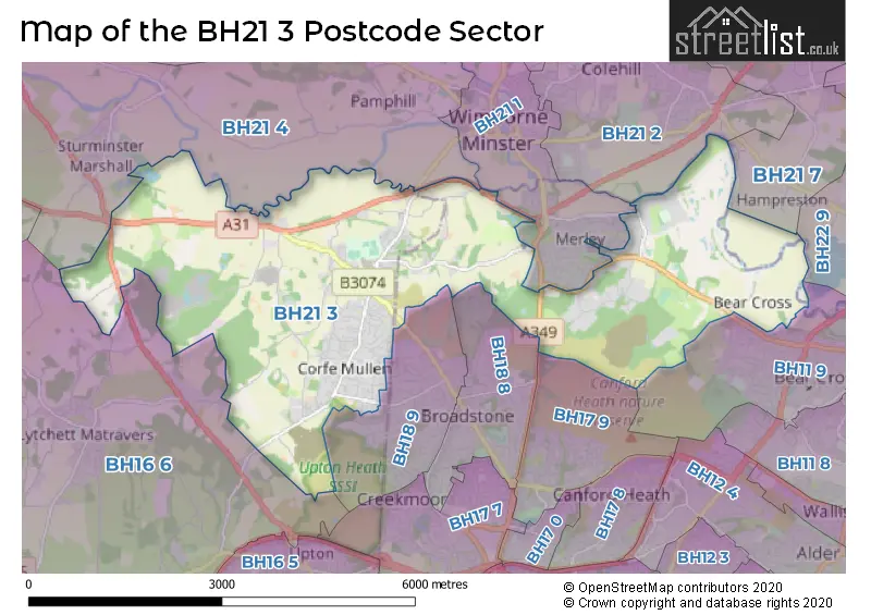 Map of the BH21 3 and surrounding postcode sector