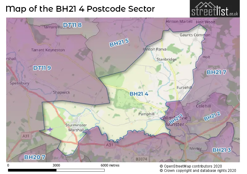 Map of the BH21 4 and surrounding postcode sector