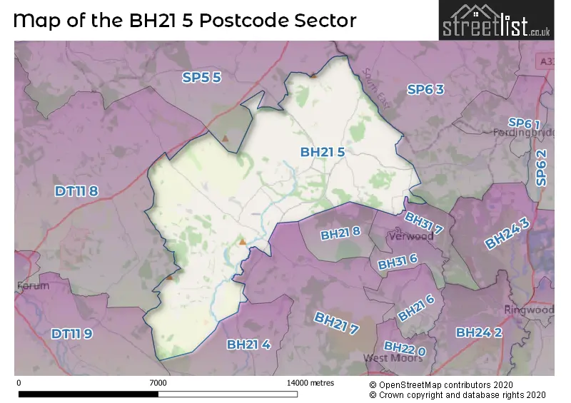 Map of the BH21 5 and surrounding postcode sector