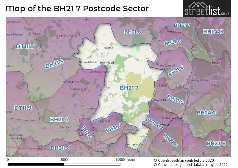 Map of the BH21 7 and surrounding postcode sector