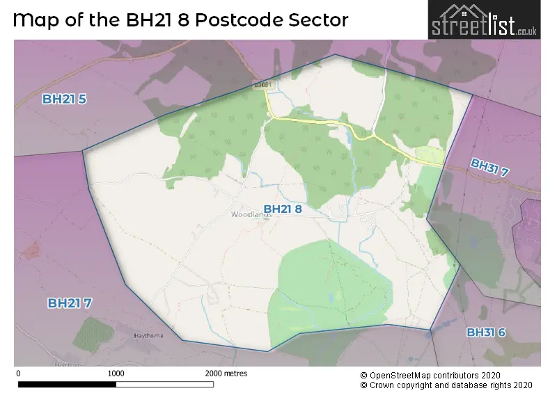 Map of the BH21 8 and surrounding postcode sector