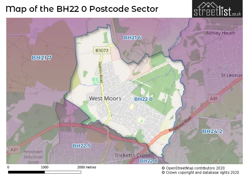 Map of the BH22 0 and surrounding postcode sector