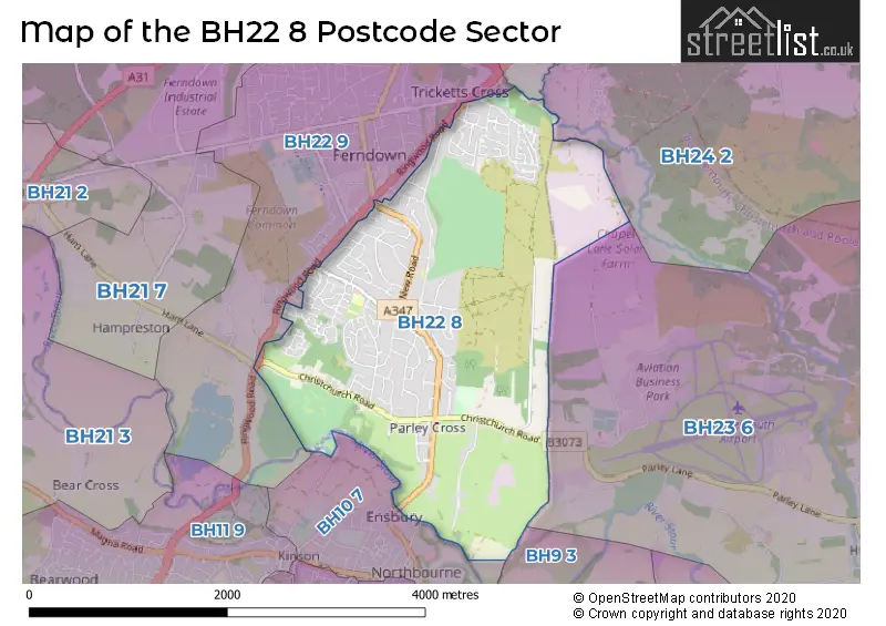 Map of the BH22 8 and surrounding postcode sector