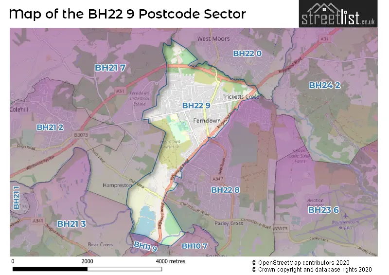 Map of the BH22 9 and surrounding postcode sector