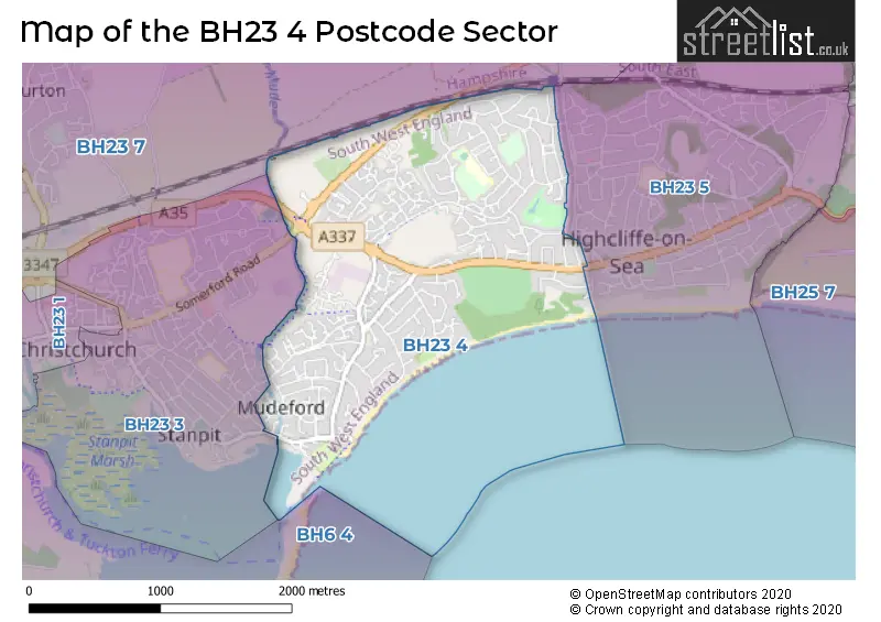 Map of the BH23 4 and surrounding postcode sector