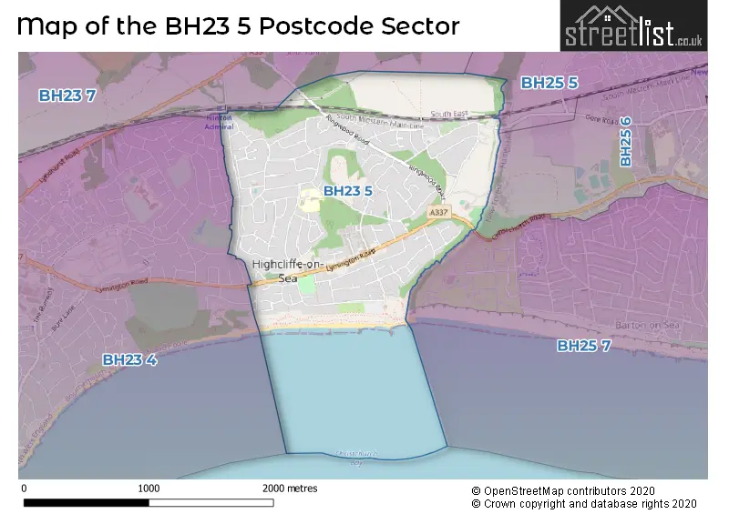 Map of the BH23 5 and surrounding postcode sector
