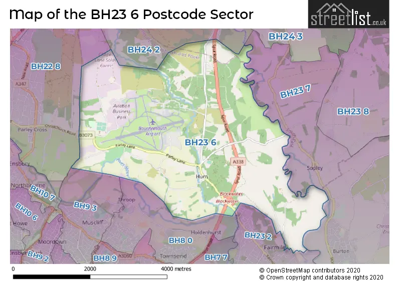 Map of the BH23 6 and surrounding postcode sector