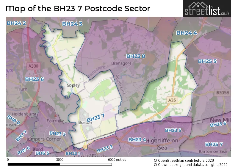 Map of the BH23 7 and surrounding postcode sector