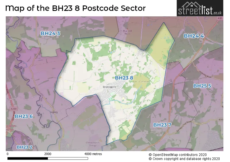 Map of the BH23 8 and surrounding postcode sector