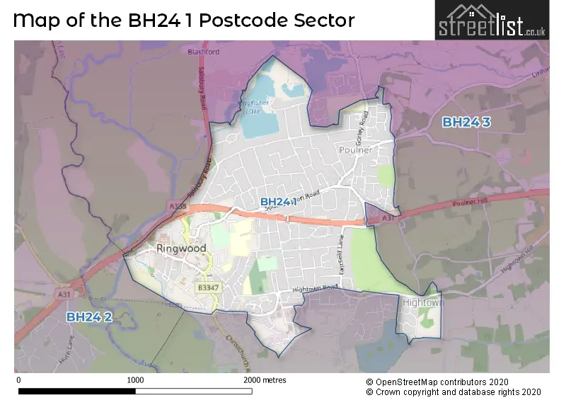 Map of the BH24 1 and surrounding postcode sector