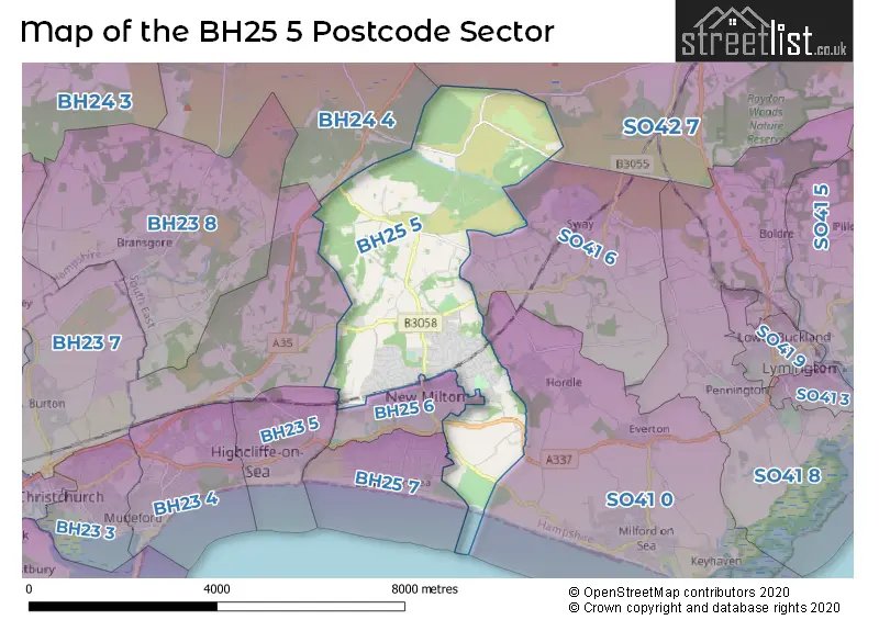 Map of the BH25 5 and surrounding postcode sector