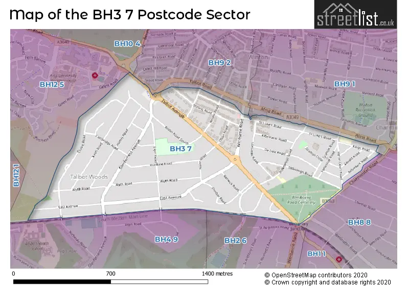 Map of the BH3 7 and surrounding postcode sector