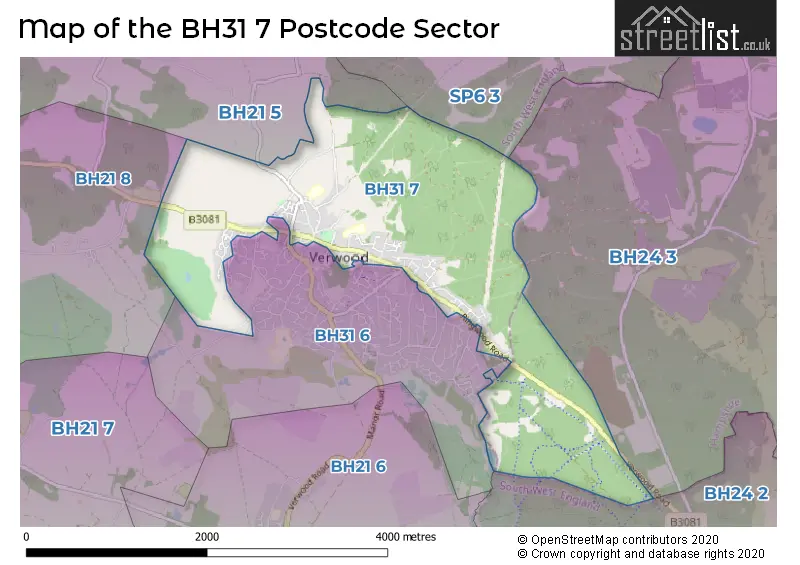 Map of the BH31 7 and surrounding postcode sector