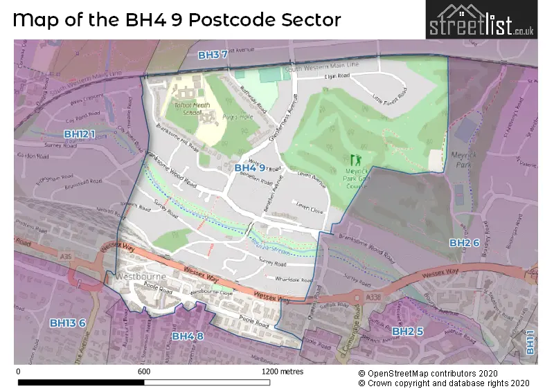 Map of the BH4 9 and surrounding postcode sector