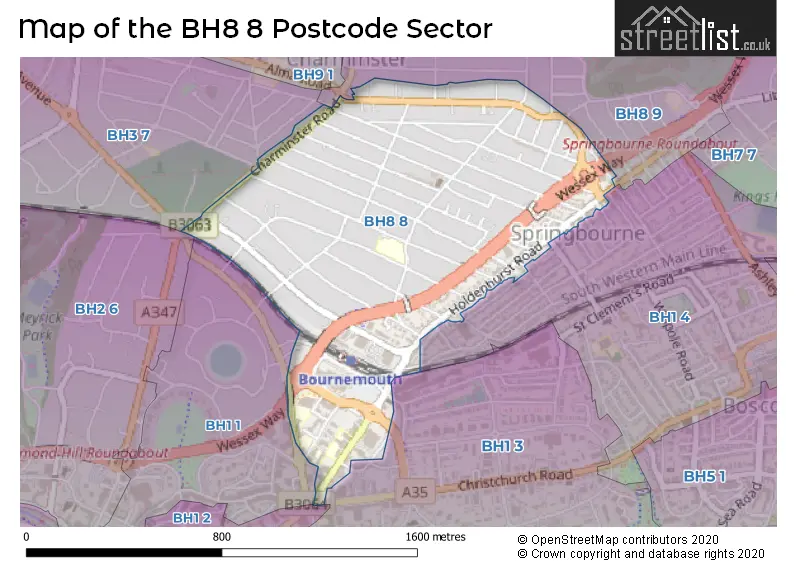 Map of the BH8 8 and surrounding postcode sector