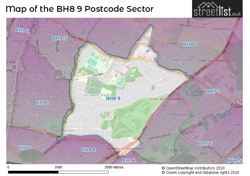 Map of the BH8 9 and surrounding postcode sector