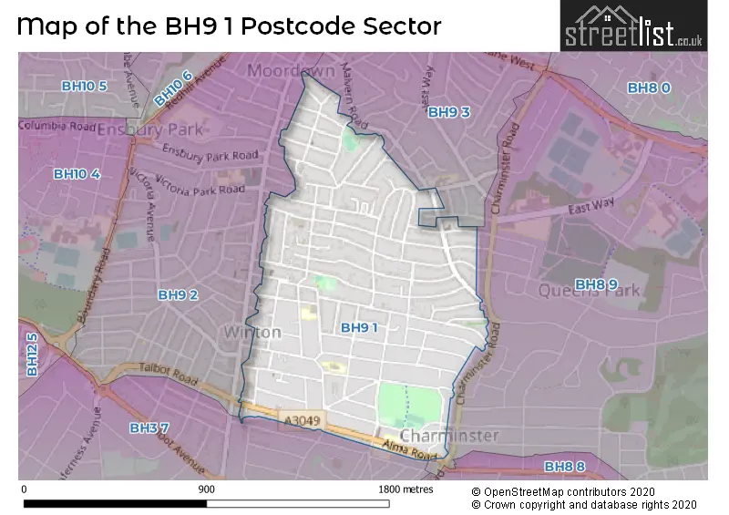 Map of the BH9 1 and surrounding postcode sector