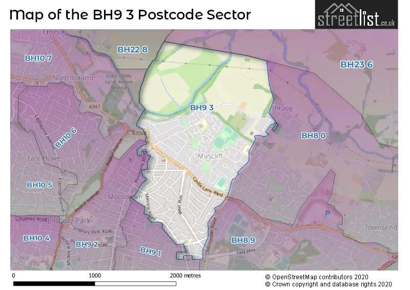 Map of the BH9 3 and surrounding postcode sector