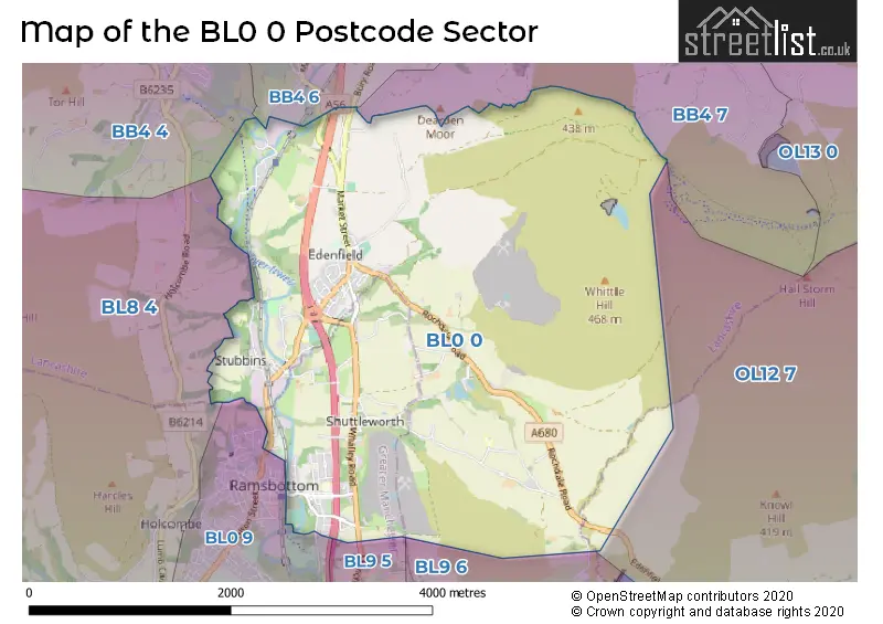 Map of the BL0 0 and surrounding postcode sector