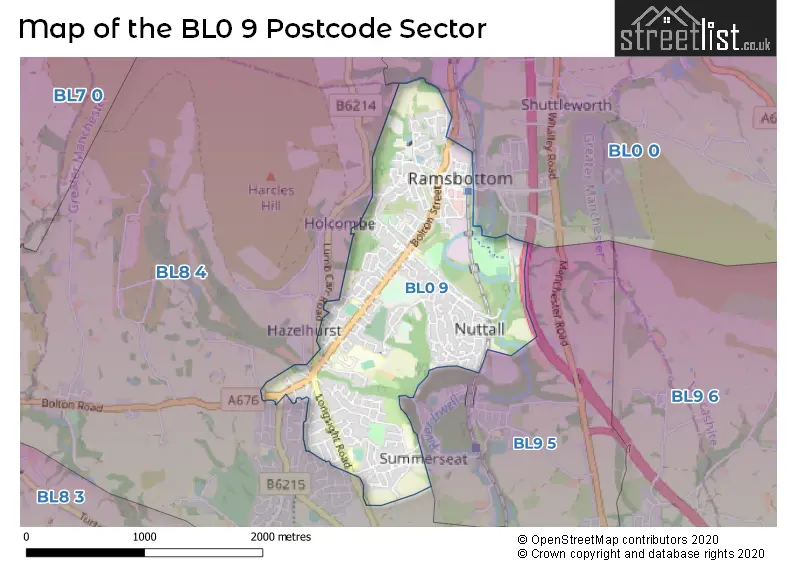 Map of the BL0 9 and surrounding postcode sector