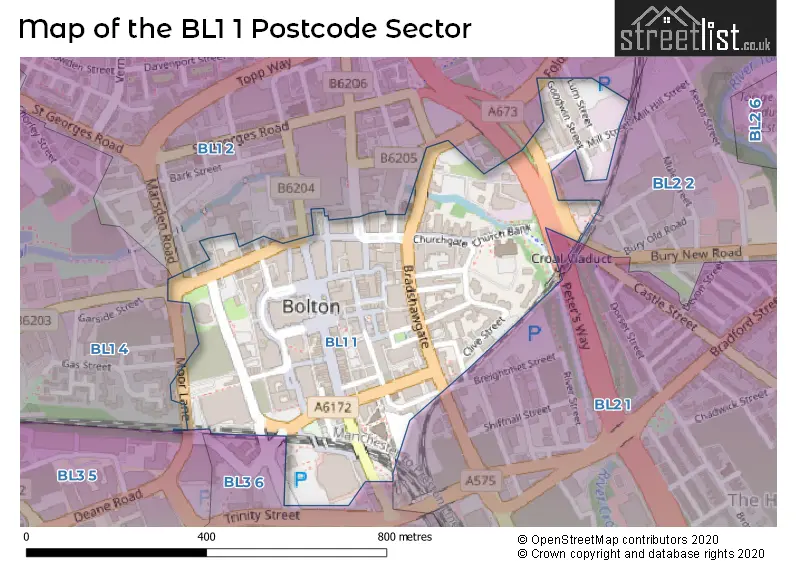 Map of the BL1 1 and surrounding postcode sector