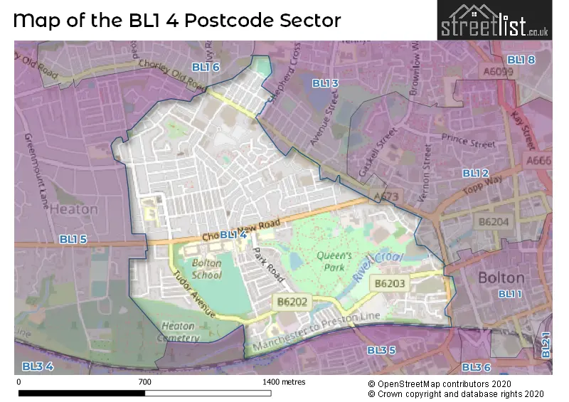 Map of the BL1 4 and surrounding postcode sector