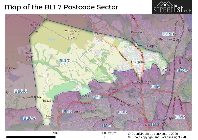 Map of the BL1 7 and surrounding postcode sector