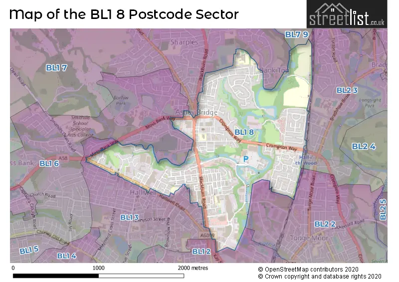 Map of the BL1 8 and surrounding postcode sector