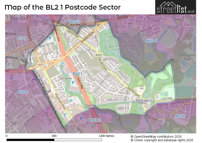 Map of the BL2 1 and surrounding postcode sector