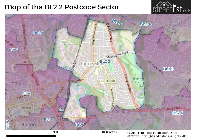 Map of the BL2 2 and surrounding postcode sector