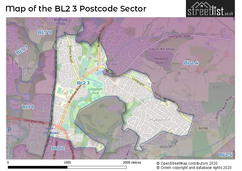 Map of the BL2 3 and surrounding postcode sector