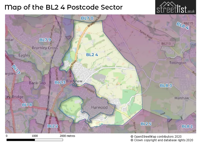 Map of the BL2 4 and surrounding postcode sector