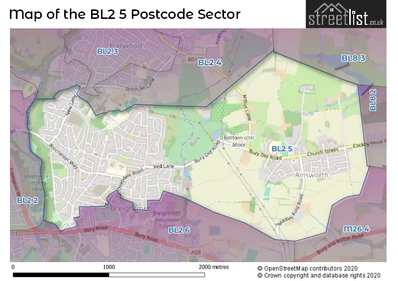 Map of the BL2 5 and surrounding postcode sector