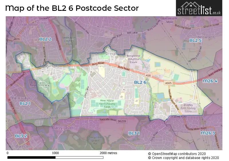 Map of the BL2 6 and surrounding postcode sector
