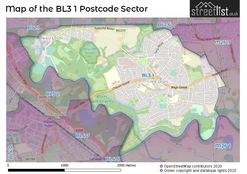 Map of the BL3 1 and surrounding postcode sector