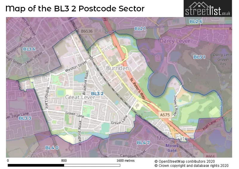 Map of the BL3 2 and surrounding postcode sector