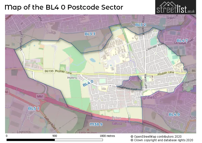 Map of the BL4 0 and surrounding postcode sector