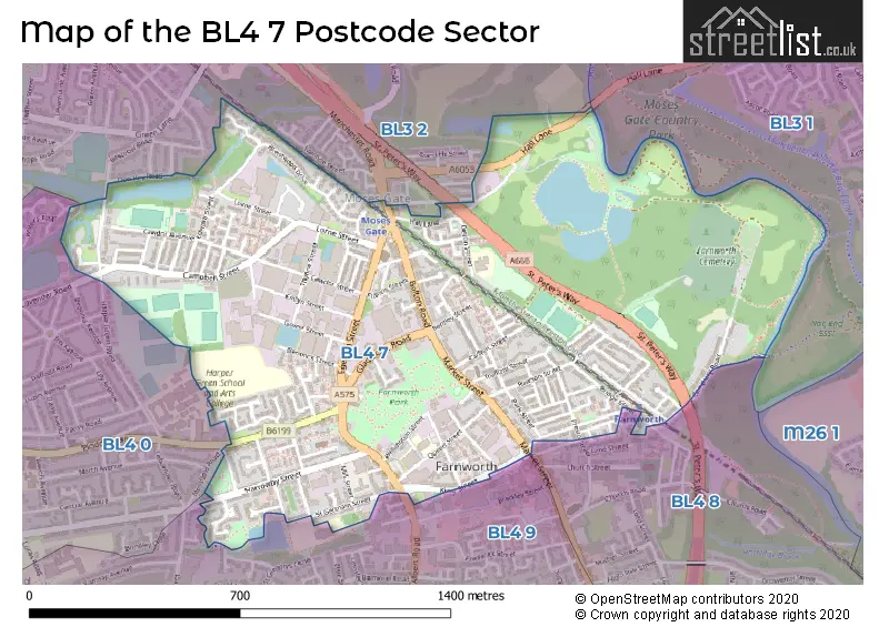 Map of the BL4 7 and surrounding postcode sector