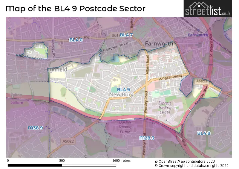 Map of the BL4 9 and surrounding postcode sector