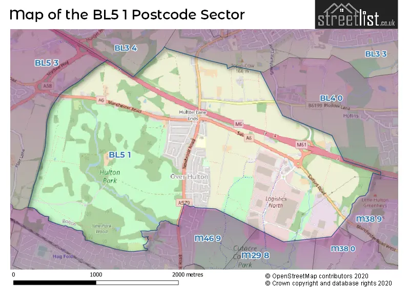 Map of the BL5 1 and surrounding postcode sector
