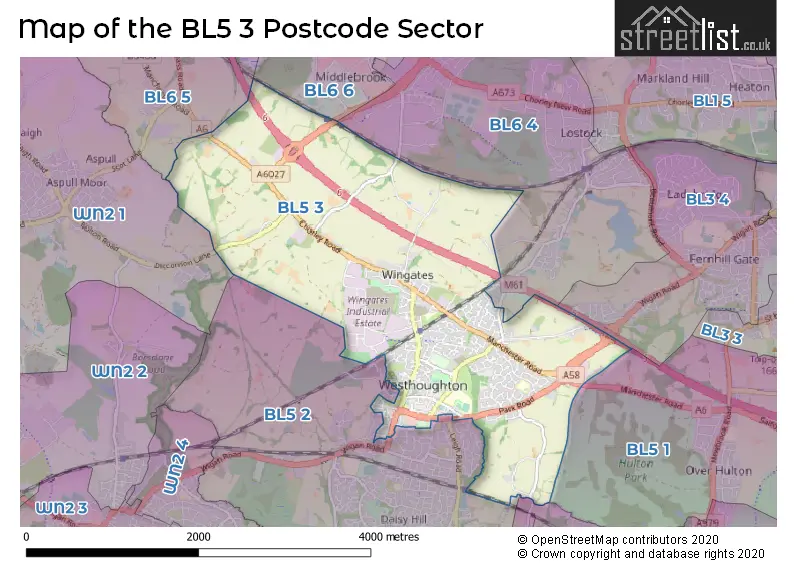 Map of the BL5 3 and surrounding postcode sector