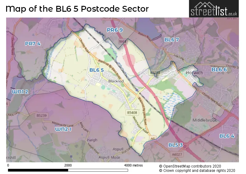 Map of the BL6 5 and surrounding postcode sector