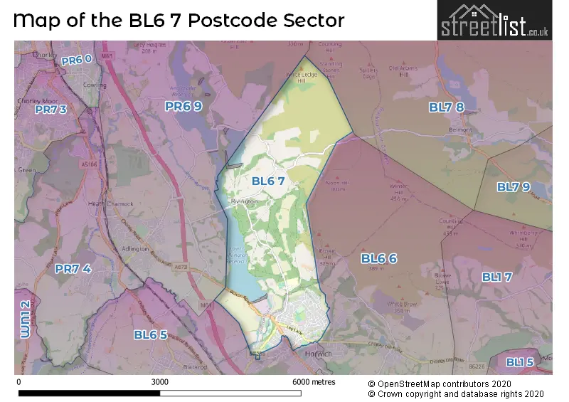 Map of the BL6 7 and surrounding postcode sector