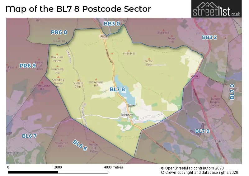 Map of the BL7 8 and surrounding postcode sector