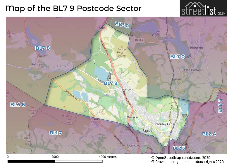 Map of the BL7 9 and surrounding postcode sector